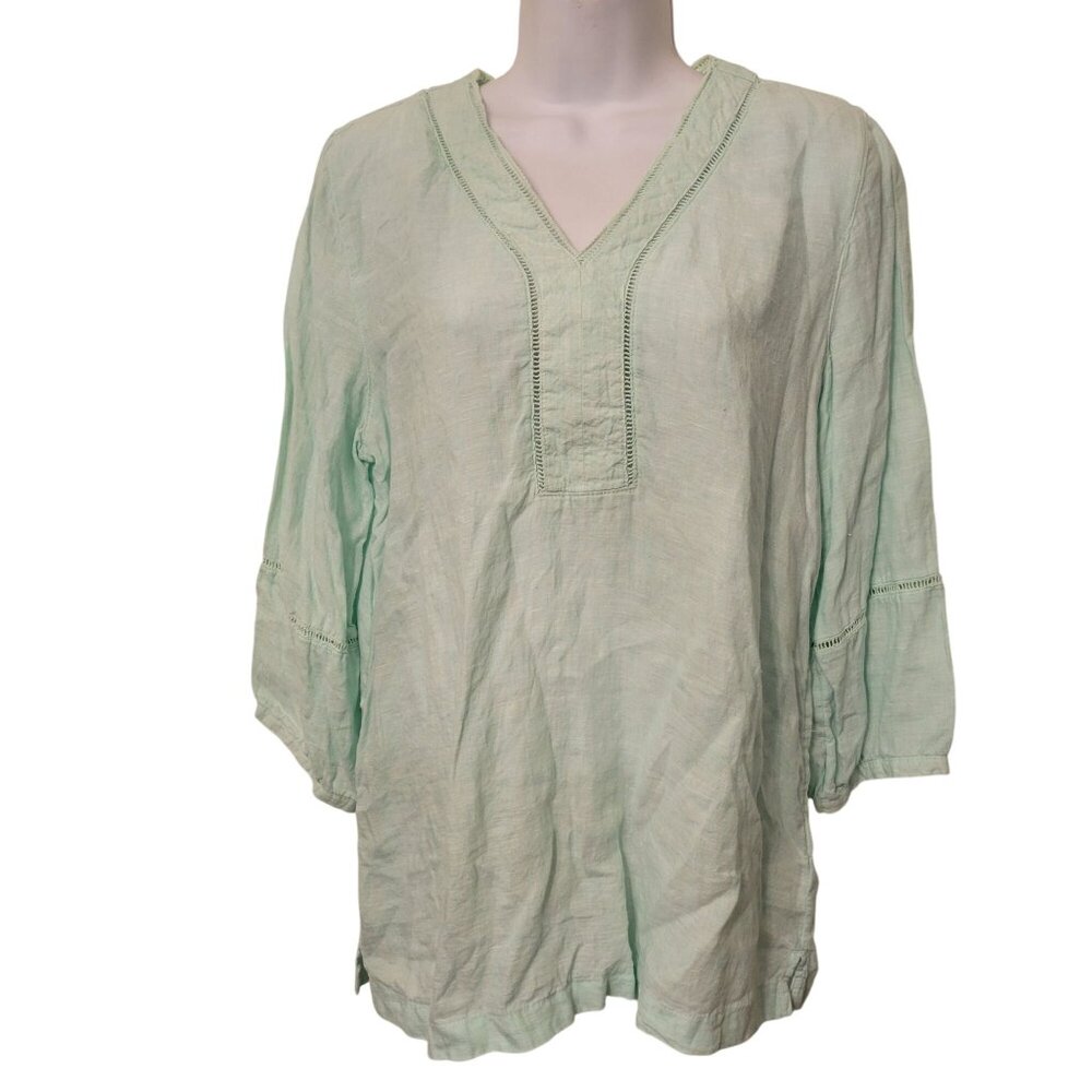 Joie M Mint Green Linen V Neck Long Sleeve Popover Tunic Top Summer Cruise